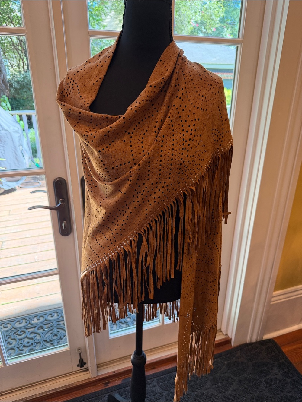 Fringed Knit Shawl Wrap in Tan - Picture 2 of 11